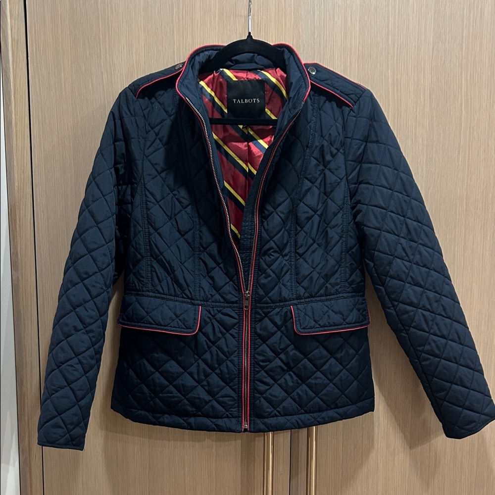 Talbots Quilted Pea Coat in Navy with Red Accents